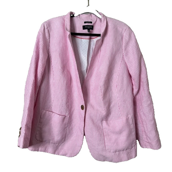 Talbots Aberdeen Linen Blend Blazer Pink White Striped Size 16W Office Coastal - Picture 1 of 9